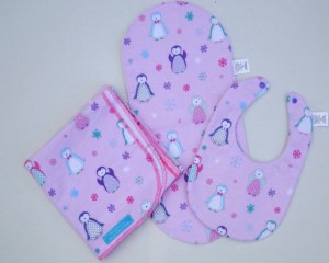 penguin pink frozen snow flake swaddle blanket bib burp cloth set